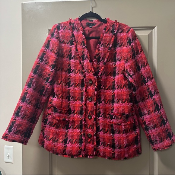 Ann Taylor Long Cardigan Jacket in Pink/Red/Black Houndstooth Tweed - Size 10 - Picture 2 of 5
